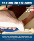 Handheld Tungsten Carbide Knife Sharpener Gets Dull Kitchen Blades Straight Back To Dang Sharp Shape In Seconds on a wooden surface.