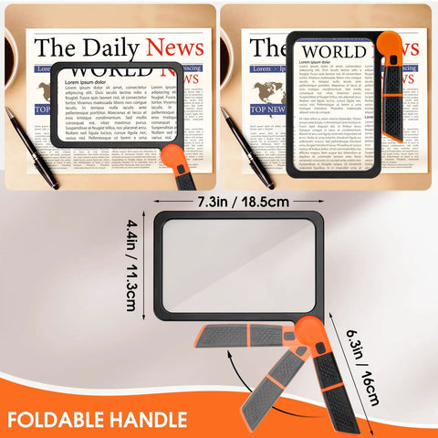 Big Full Page Magnifier With Light 7.3x4.4 Inch Lens, 48 LED Cold And Warm Illumination, folding handheld magnifier with news text