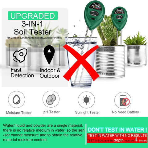 3 In 1 Soil Tester With Moisture, Light And pH Meter For Indoor Outdoor Use, Easy To Read Soil Test Kit showing features and usage tips.