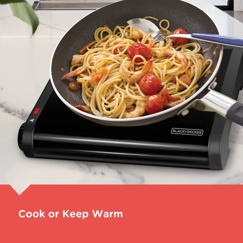 Single Burner Portable Buffet Range With Adjustable Temperature heating pasta on black finish in small kitchen