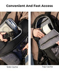 Person accessing camera gear and lenses from the 30L Camera Backpack With Rain Cover And 16 Inch Laptop Compartment Built For Travel.