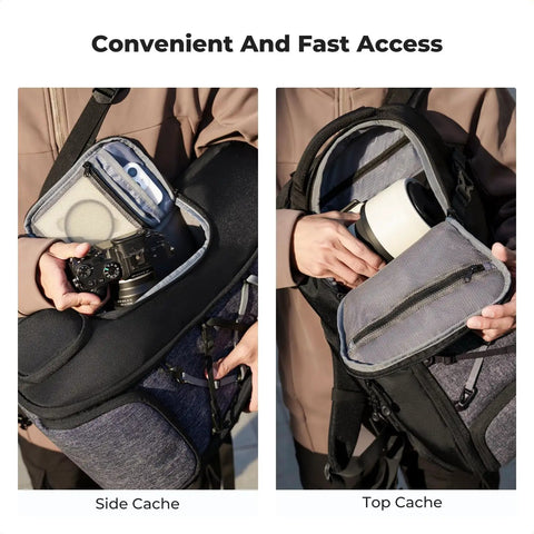 Person accessing camera gear and lenses from the 30L Camera Backpack With Rain Cover And 16 Inch Laptop Compartment Built For Travel.