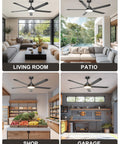 60 Inch Ceiling Fan With Lights 6800 CFM DC Motor Five Aluminum Blades Industrial Boss Look Black shown in living room, patio, shop, garage
