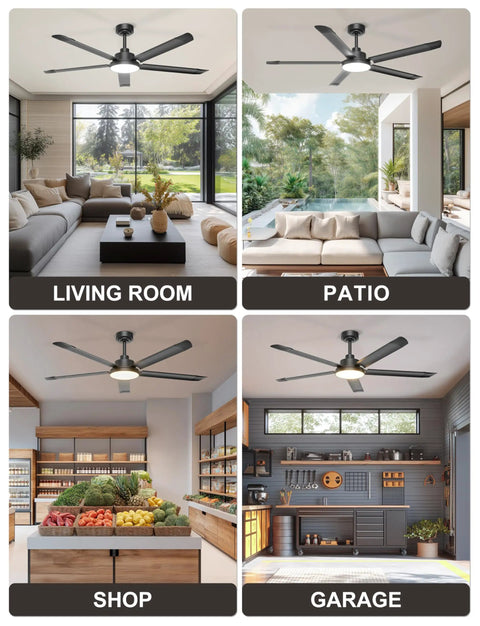 60 Inch Ceiling Fan With Lights 6800 CFM DC Motor Five Aluminum Blades Industrial Boss Look Black shown in living room, patio, shop, garage