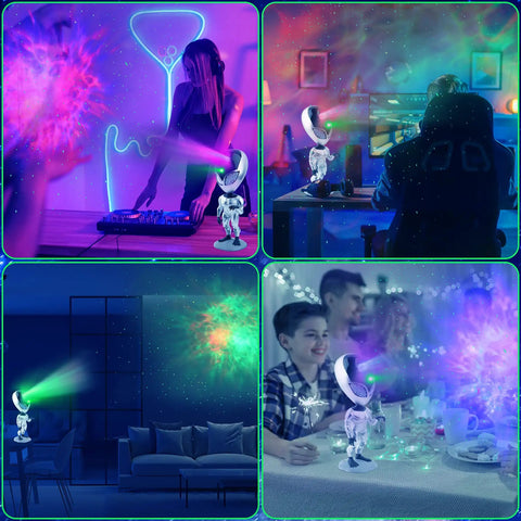Collage of night scenes with neon lights, featuring a DJ, a gamer, a living room setup, and a family dinner, all with colorful light effects