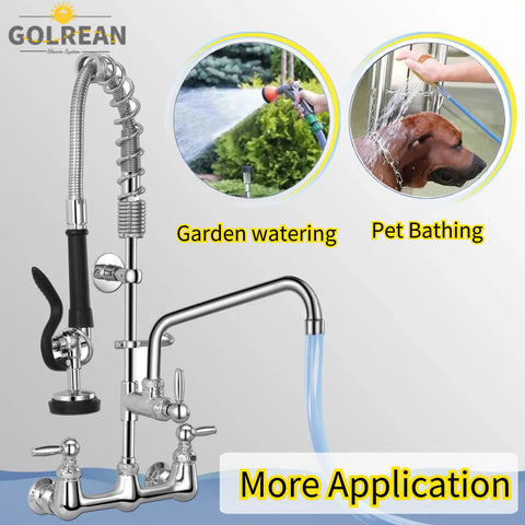 Commercial Sink Faucet With Sprayer And Pre Rinse Wall Mount 8 Inch Center for garden watering and pet bathing applications.