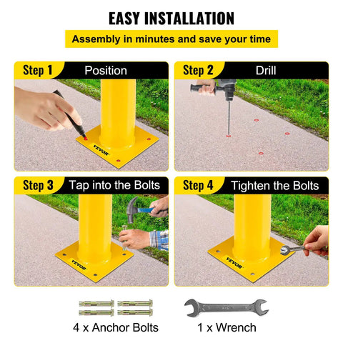 Installation steps for Tough As Nails Heavy Duty Yellow Safety Bollard Barrier 36 Inch Tall 5.5 Inch Diameter Steel Post.
