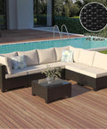 7 Piece Wicker Patio Furniture Set With Waterproof Cushions, Outdoor Conversation Couch Set by pool on a wooden deck