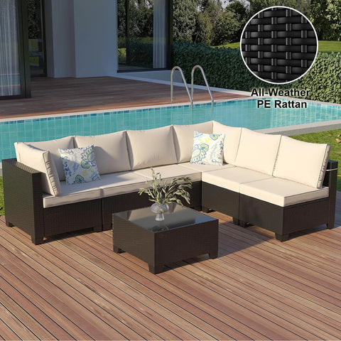 7 Piece Wicker Patio Furniture Set With Waterproof Cushions, Outdoor Conversation Couch Set by pool on a wooden deck