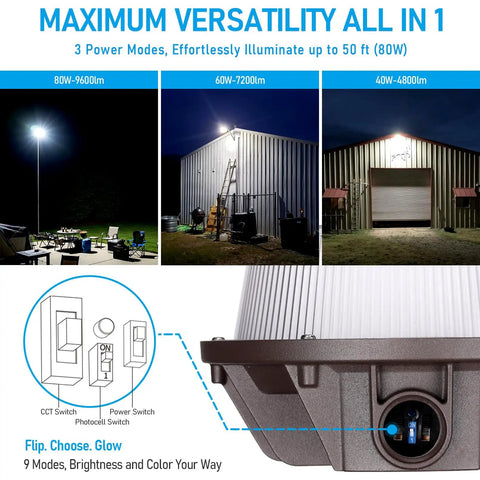 3CCT LED Barn Light With Dusk To Dawn Photocell, Outdoor Security Flood Light illuminating barns, wattage and lumen options shown