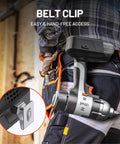 20V Cordless One Half Inch Impact Wrench Kit With 2.0Ah Battery, Hog Ring Anvil, attached to worker's belt with clip