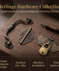 Antique Style Jewelry Box Hardware Kit with hinges, latch, and padlock key on wooden surface, zinc alloy, European design.