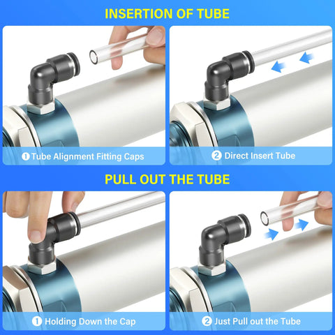 Heavy Duty Elbow And Straight Push To Connect Fittings Three Eighths Inch Tube Outer Diameter To Three Eighths Inch NPT Thread Pneumatic Quick Connect Copper And Plastic Pack Of Twelve Up To One Hundred Forty Five Psi insertion and removal steps