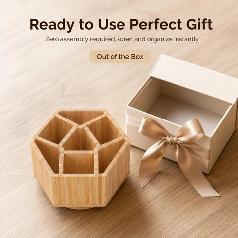 360 Degree Rotating Bamboo Desk Organizer With Hexagonal Compartments next to an open gift box on wooden surface