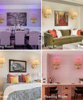 Battery Operated Wall Sconce Set Of Two With Gold Rattan Shade And Rechargeable RGB Bulbs For Wireless Bedroom Lighting in various room setups.