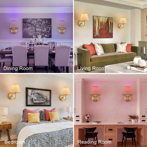 Battery Operated Wall Sconce Set Of Two With Gold Rattan Shade And Rechargeable RGB Bulbs For Wireless Bedroom Lighting in various room setups.