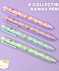 Kawaii Sanrio Pen Set With Four Color Ballpoint Pens Featuring My Melody And Kuromi Glitter Gold Foil Accents Laid Flat