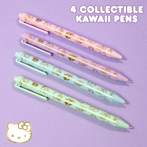 Kawaii Sanrio Pen Set With Four Color Ballpoint Pens Featuring My Melody And Kuromi Glitter Gold Foil Accents Laid Flat