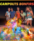 Group enjoying Colorful Fire Packets For Campfires And Fire Pits, Flame Color Changing Powder with vibrant flames at night
