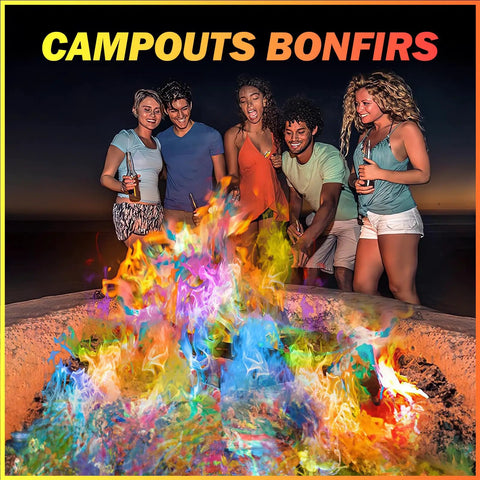 Group enjoying Colorful Fire Packets For Campfires And Fire Pits, Flame Color Changing Powder with vibrant flames at night