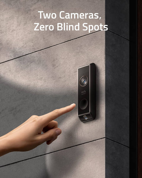 2K HD Video Doorbell Add-On With Battery-Powered Dual Motion Detection Package Alerts Family Recognition No Monthly Fee Motion Alerts Homebase Not Included installed on wall with hand reaching.