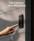 Hand reaching towards Dual Camera Video Doorbell 2K HD Wireless Battery Powered With HomeBase No Fuss Dual Motion Detection