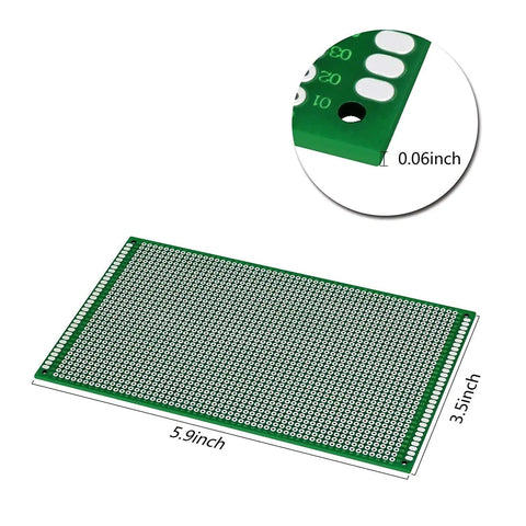Double Sided PCB Prototype Board Set 9cm By 15cm Universal Printed Circuit Boards For Hands On Soldering And Breadboard Projects Green Durable Pack Of 2; features plated holes and dimensions detail