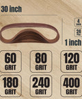 Heavy Duty 1x30 Sanding Belts 24 Pack With 6 Progression Grits For Belt Grinder And Woodworking displayed in assorted grits.