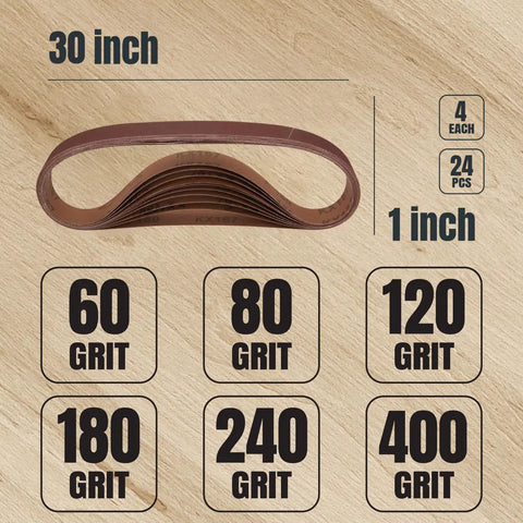 Heavy Duty 1x30 Sanding Belts 24 Pack With 6 Progression Grits For Belt Grinder And Woodworking displayed in assorted grits.