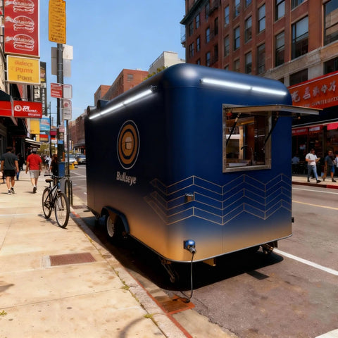 Solid As A Rock Mobile Food Trailer And Rolling Cart Combo Crafted For Coffee Ice Cream Sales Quick Hustle Setup That Grinds Like A Dream On Busy Weekends, blue trailer parked on city street.