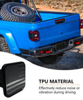 Keep The Crud Out Of Your Rig With This Rugged Square Trailer Hitch Dust Plug Cover on blue truck's hitch, showing American flag design.