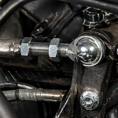 Beefy Heavy Duty Three Quarter Inch Steering Shaft Support Heim Joint Rod End Set For Universal Street Rod Applications 1045 Steel Body With RH Jam Nuts Two Piece Tight Tolerances Seven Thousandths Of An Inch installed on steering linkage