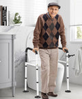 Elderly man using Universal Toilet Safety Rail Grab Bar with non-slip suction cups, adjustable for support during transfers.