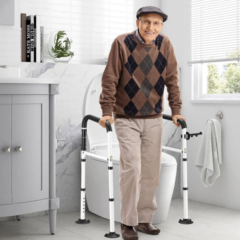 Elderly man using Universal Toilet Safety Rail Grab Bar with non-slip suction cups, adjustable for support during transfers.