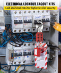 58 Piece Lockout Tagout Kit For Rock Solid Electrical Safety Featuring industrial padlock on breaker panel with warning tag.