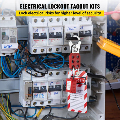 58 Piece Lockout Tagout Kit For Rock Solid Electrical Safety Featuring industrial padlock on breaker panel with warning tag.