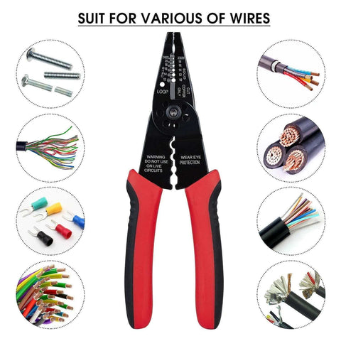 8 Inch Professional Wire Stripper and Crimping Tool for 10 to 22 AWG Solid Copper and Aluminum Cable, ergonomic hand tool displaying features