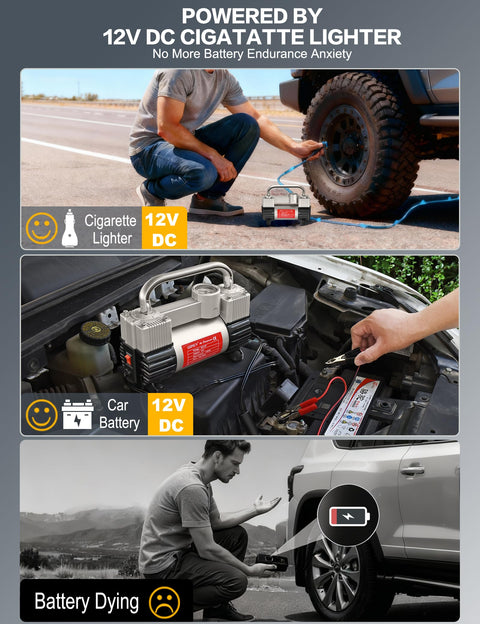 6X Faster Inflation Double Cylinder Tire Inflator connected to car cigarette lighter and battery, 12V power usage
