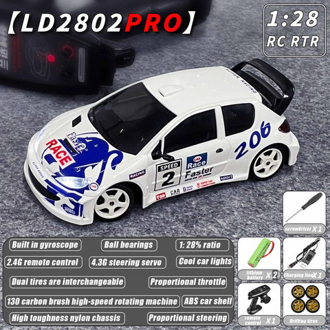 1/28 Scale RC Drift Car GTR 2.4GHz 4WD RTR with gyro, realistic body, drift tires on concrete surface, product details visible