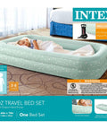 Child sleeping on Kids Travel Air Mattress With Raised Sides And Hand Pump, star print, plush surface, for ages 3 to 6.