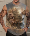 Hella Comfy Dope Mens Hawaiian Floral Skull Butterfly Graphic Sleeveless Tank Top Quick Dry Loose Fit Gym Beach Workout Shirt Lightweight Summer Vintage Mechanical Design displayed on a man with tattoos.