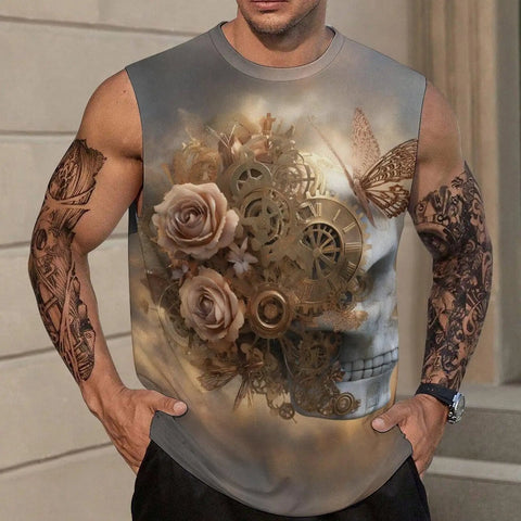 Hella Comfy Dope Mens Hawaiian Floral Skull Butterfly Graphic Sleeveless Tank Top Quick Dry Loose Fit Gym Beach Workout Shirt Lightweight Summer Vintage Mechanical Design displayed on a man with tattoos.