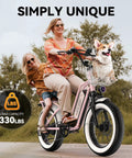 Beast 1500W Peak Electric Fat Tire Bike For Adults With Removable 48V Battery And 20 25 60Ah Options, Up To 80 Mile Range, 20x4 Fat Tires, All Terrain E Bike For Commute Beach Snow UL Certified, pink frame with basket carrying rider and dog