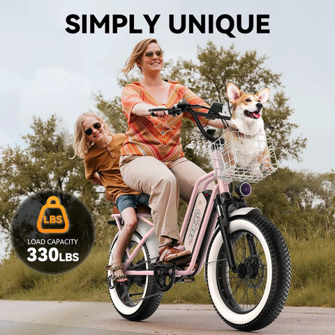 Beast 1500W Peak Electric Fat Tire Bike For Adults With Removable 48V Battery And 20 25 60Ah Options, Up To 80 Mile Range, 20x4 Fat Tires, All Terrain E Bike For Commute Beach Snow UL Certified, pink frame with basket carrying rider and dog
