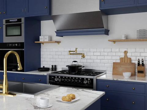 Wall Mount Pot Filler Faucet With 24 Inch Reach Pro Grade Dual Swivel Joints And Twin Handles Solid Brass Interior Stainless Steel Brushed Gold Finish Single Hole Install Wide Range Of Motion Dual Shut Off Valve in modern kitchen setting