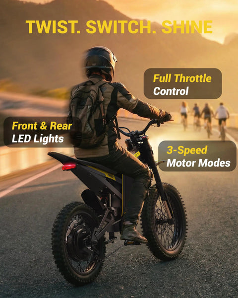 Rider on Patrol Electric Bike For Adults And Teens With 4000W Peak Motor And 40 MPH Top Speed, scenic mountain road at sunset