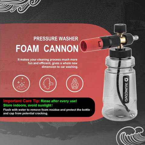 Wide Mouth Foam Cannon For Pressure Washer With Thick Snow Foam For Car Wash, Pro Grade Adjustable Soap Cannon with clear bottle.
