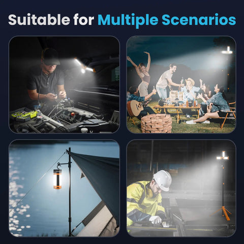 Rechargeable Outdoor Camping Light With Remote And Detachable Tripod Up To 6 Ft, 3 LED Lamp Heads in use at various outdoor activities