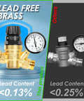 Front and side views of AOLINK RV water pressure regulator valve, brass lead-free with gauge and inlet fittings