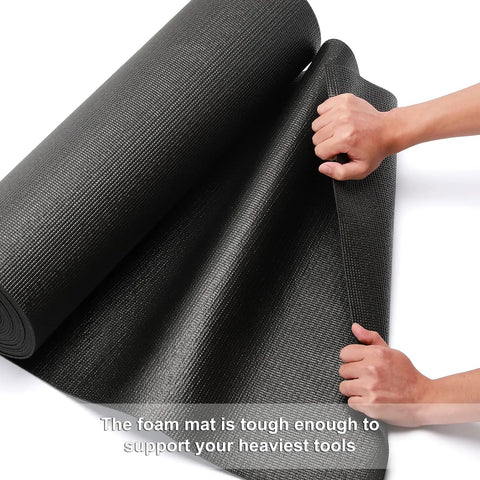 Hands unrolling Dope Non Slip Foam Toolbox Drawer Liner With Textured Grip 24 Inch Wide By 24 Foot Long Cut To Fit Easy Heavy Duty Tool Mat